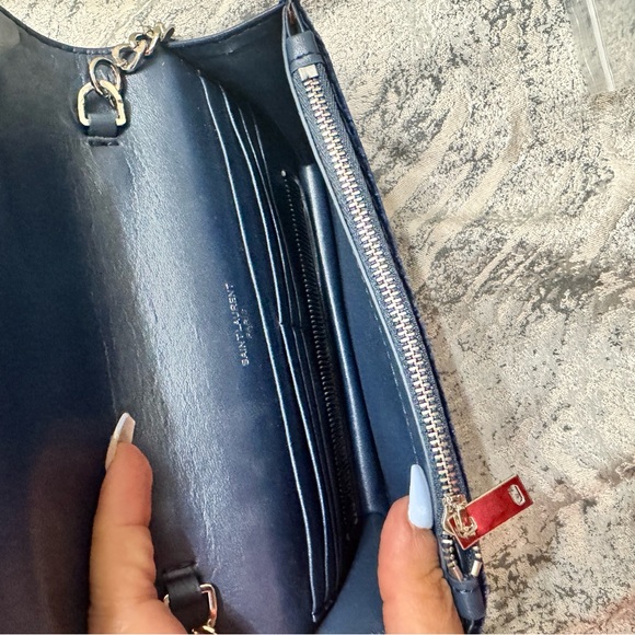 YSL Dark Blue Velvet Clutch with Silver Chain - Picture 3 of 4